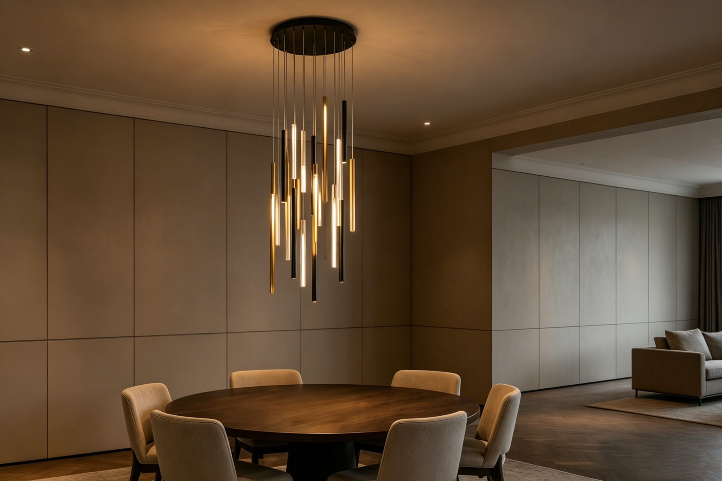 Modern Round Cluster LED Chandelier – 24" Frosted Glass Tube Pendant, Adjustable Height, Integrated 18W 3000K Warm White Light