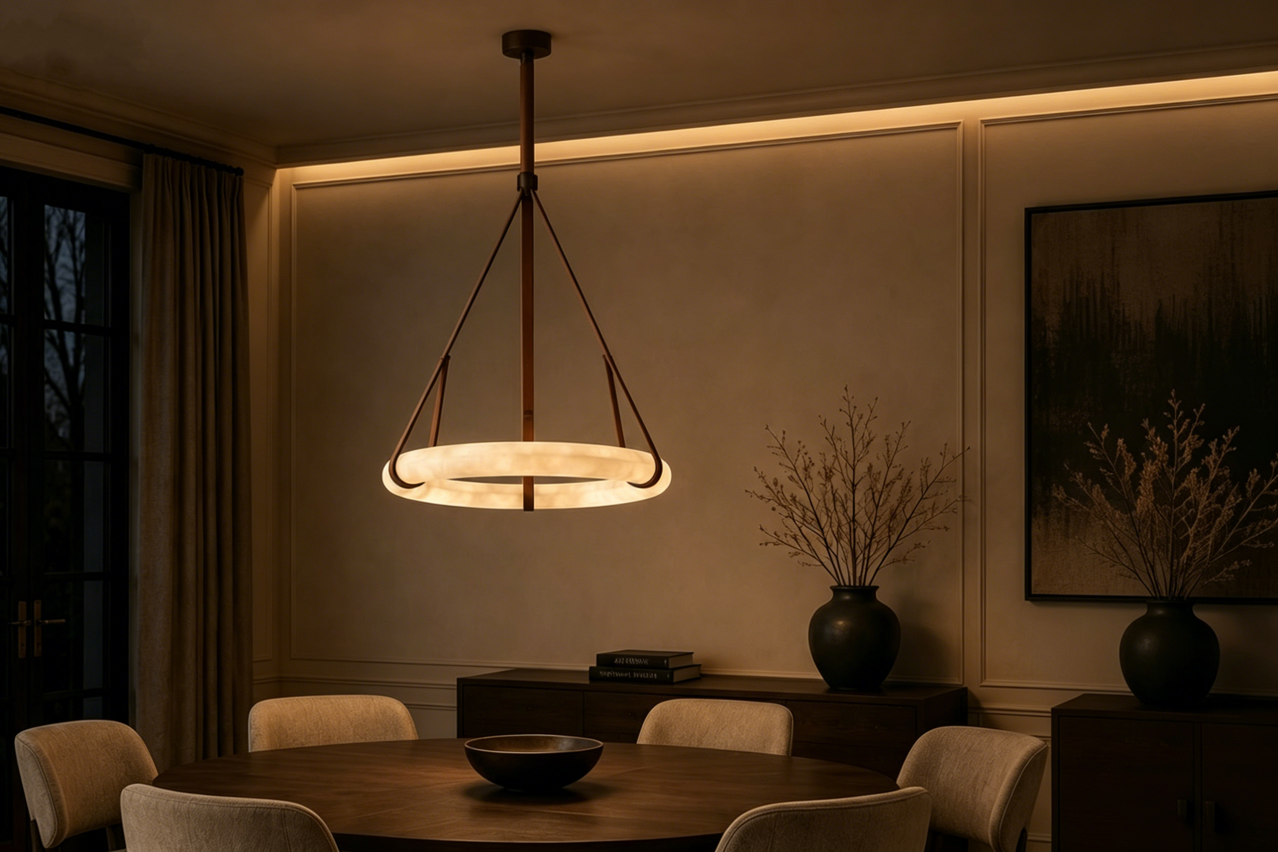 Natural Alabaster Ring LED Pendant Light – Leather Suspension Chandelier, Dimmable, 3 Sizes 23.5"–35.5"