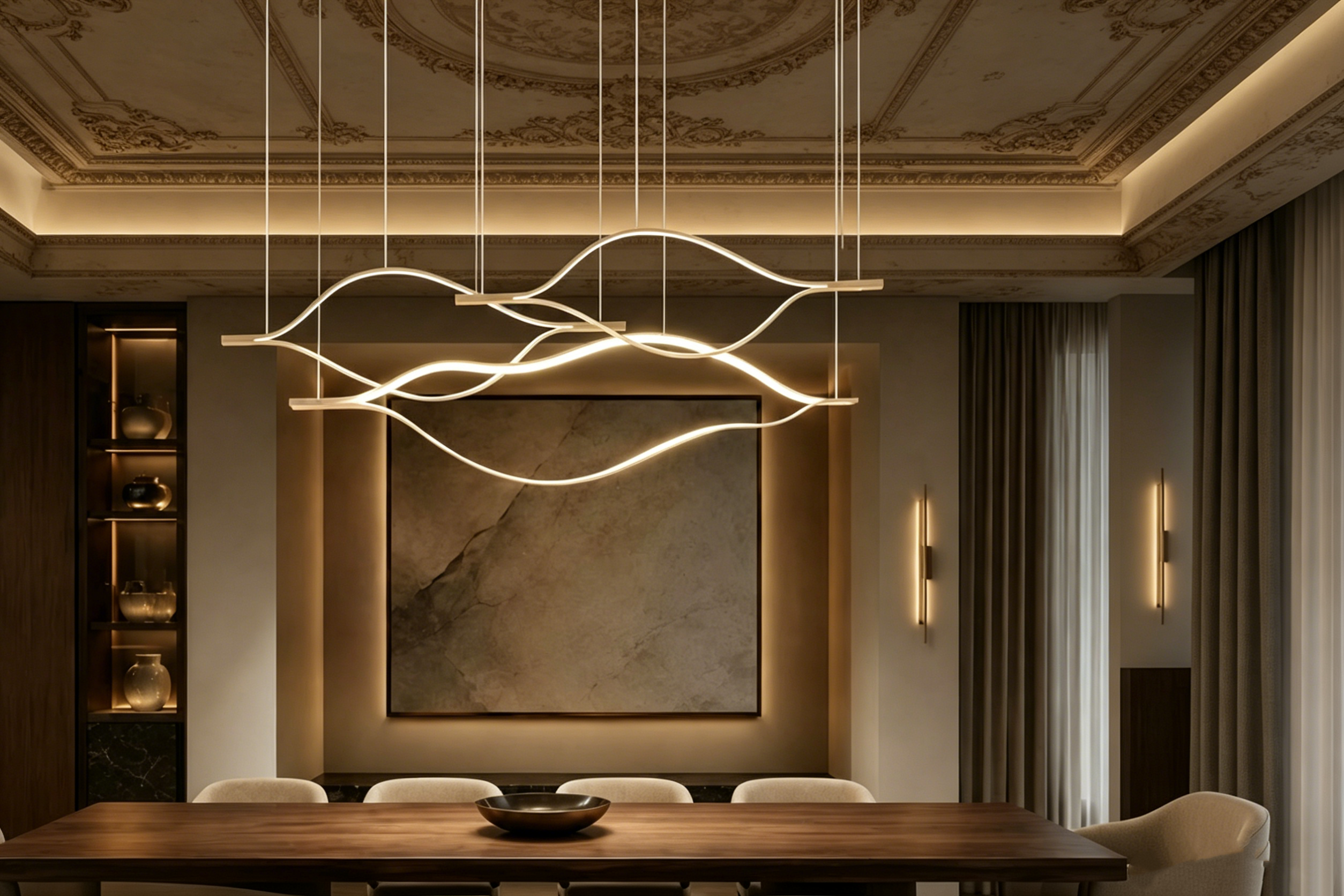 Modern Wave-Shape Linear Chandelier – Aluminum Ceiling Light, Brass Finish, 3 Sizes Available